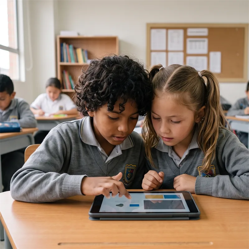 Dos niñas comparten una tableta en un pupitre del aula