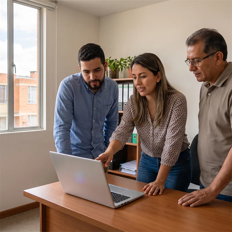 Tres compañeros de trabajo miran juntos un portátil en la oficina