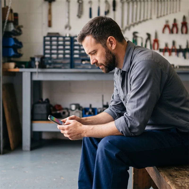 Un hombre estudia en el teléfono durante una pausa en su taller
