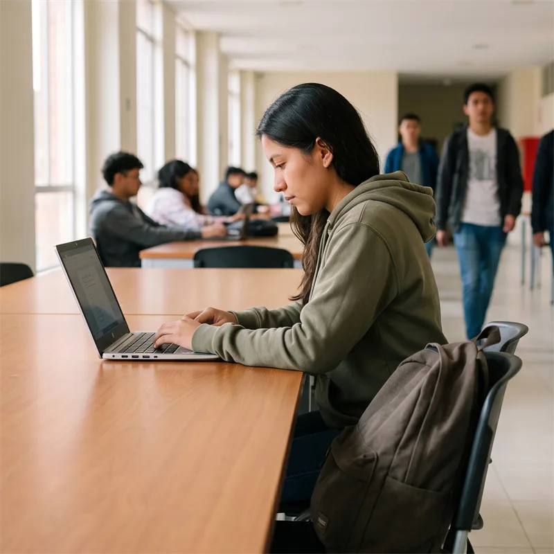 Una estudiante trabaja con su portátil en un pasillo universitario